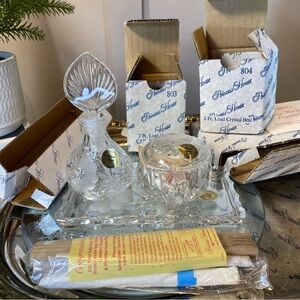 VTG Princess House Crystal Perfume Bottle Trinket Box Dish Tray 3Cosnetic Brush